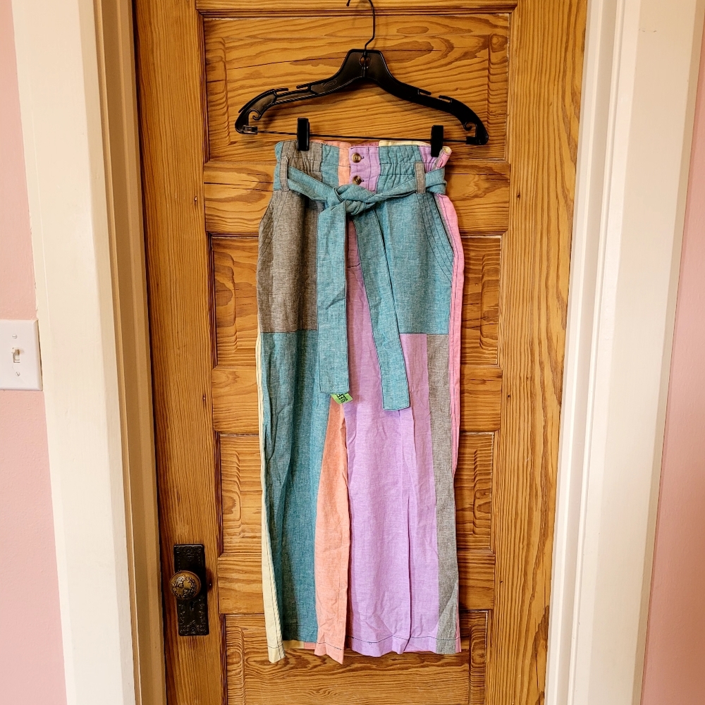 Morgan Claire linen paperbag colorblock pants